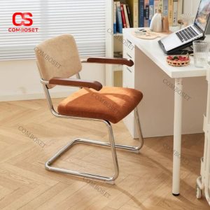 Ghế Văn Phòng Chân Quỳ Khung Thép, Nệm Vải Nhung Mềm Mại Tay Gỗ Cổ Điển