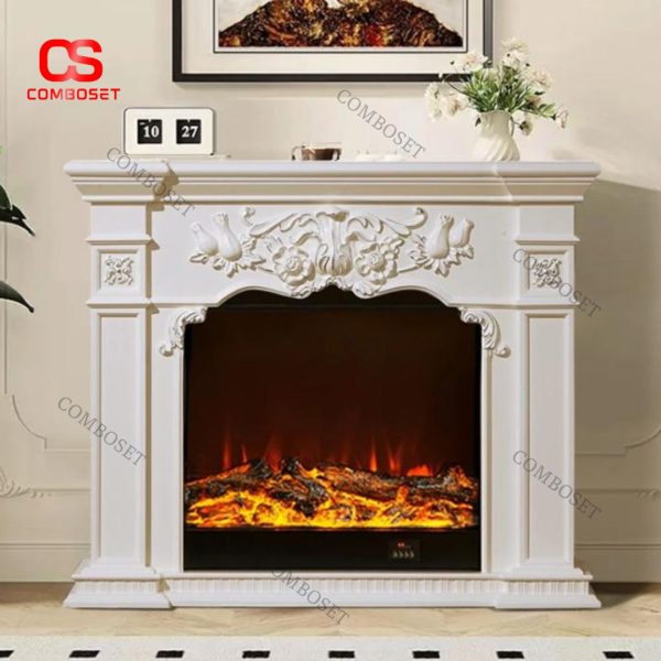 Lò Sưởi Tân Cổ Điển Màu Trắng Ngà Gỗ Điêu Khắc Sang Trọng, Decor Phòng Khách Đẹp Mắt