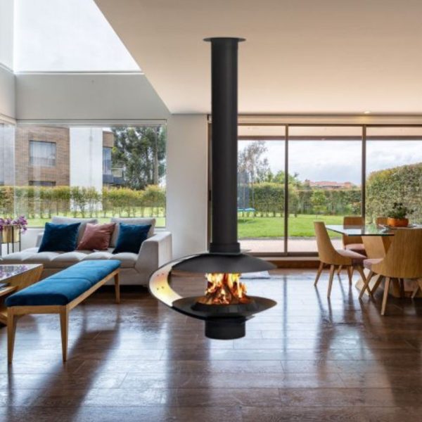 Lò Sưởi Treo Hình Chữ C Nghệ Thuật Bằng Thép Carbon Xoay 360 Độ Decor Khu Biệt Thự, Resort Du Lịch