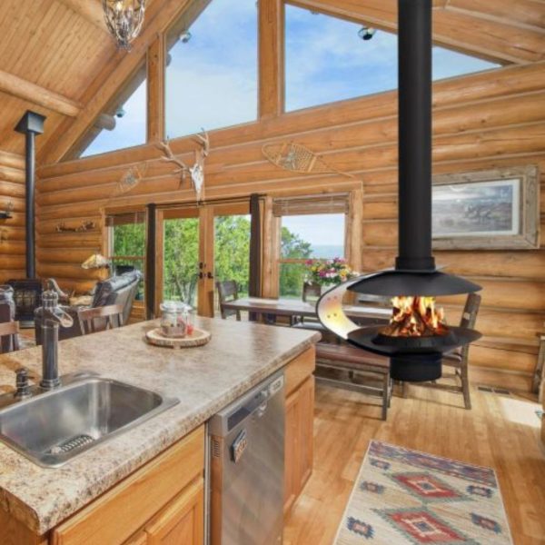 Lò Sưởi Treo Hình Chữ C Nghệ Thuật Bằng Thép Carbon Xoay 360 Độ Decor Khu Biệt Thự, Resort Du Lịch