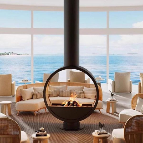 Lò Sưởi Treo Trần Xoay 360 Độ Bằng Thép Carbon Decor Không Gian Sống Thời Thượng, Resort