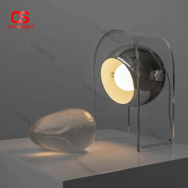 Đèn Bàn Acrylic Trong Suốt Chao Kim Loại Mạ Bạc Phong Cách Bauhaus Chiếu Sáng Phòng Ngủ, Bàn Học