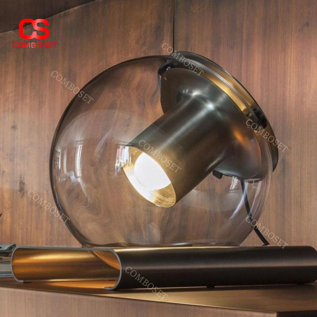 Đèn Bàn Chao Cầu Thuỷ Tinh Đế Uốn Kim Loại Mạ Vàng Ánh Sáng Ấm Phong Cách Kiến Trúc Cá Tính