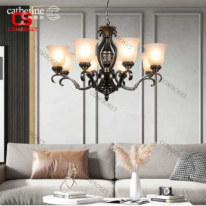 Đèn Chùm Đồng Cao Cấp Hoa Văn Cổ Điển Chao Thủy Tinh Sang Trọng Thiết Kế Châu Âu