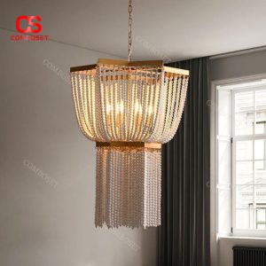 Đèn Chùm Hạt Gỗ Nhiều Tầng Phong Cách Cổ Điển Sang Trọng Cho Phòng Khách, Nhà Hàng, Khách Sạn