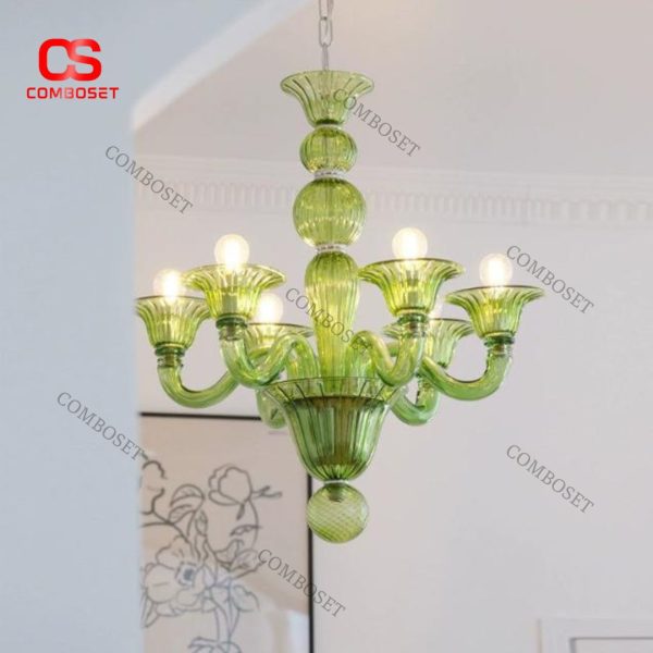 Đèn Chùm Nến Xanh Lá Thuỷ Tinh Kiểu Pháp Thanh Lịch Thả Phòng Khách, Phòng Ngủ