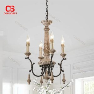 Đèn Chùm Sắt Gỗ Chao Nến Cổ Điển Chiếu Sáng Nhà Hàng Retro, Phòng Khách, Quán Cafe