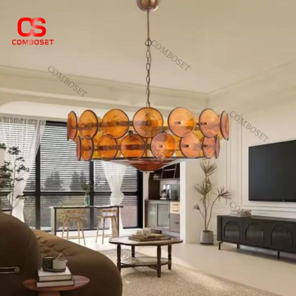 Đèn Chùm Thủy Tinh Tròn Hình Đĩa Khung Kim Loại Retro Cho Phòng Khách, Phòng Ngủ