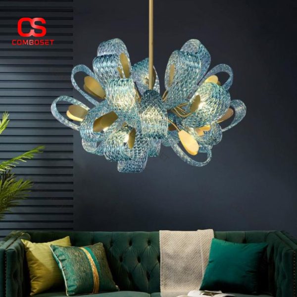 Đèn Chùm Thủy Tinh Xanh Dương Khung Kim Loại Mạ Vàng Thiết Kế Hoa Nghệ Thuật Hiện Đại