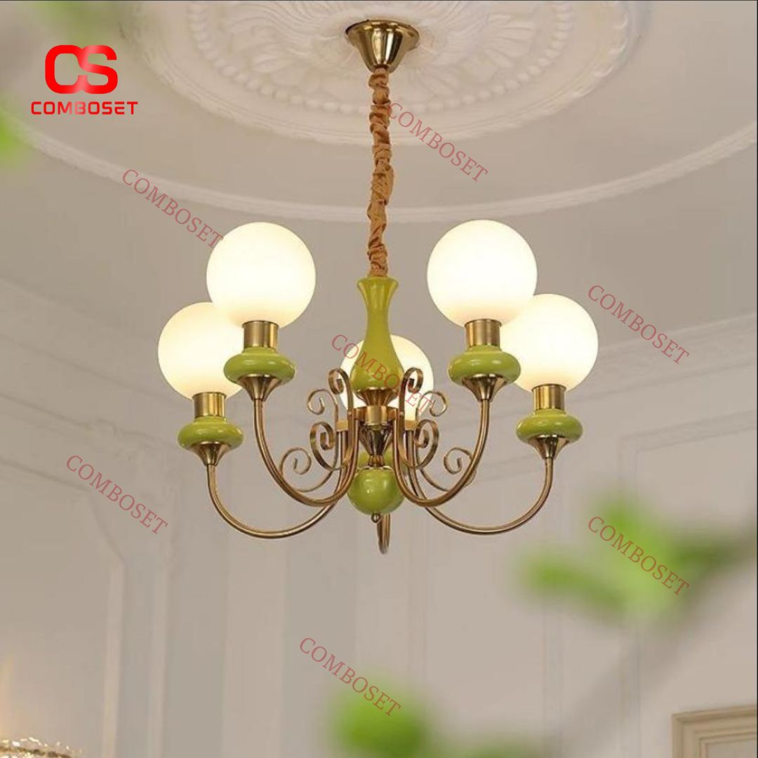 Đèn Chùm Xanh Lá Chao Thủy Tinh Thân Kim Loại Bền Đẹp Phòng Khách Đẳng Cấp