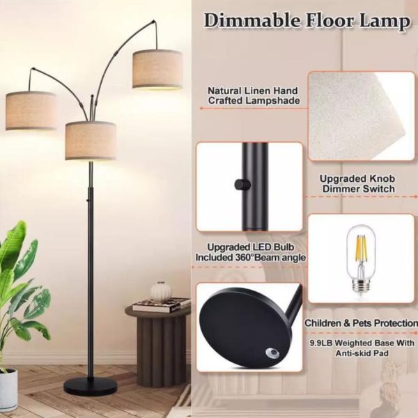 Đèn Sàn 3 Chụp Vải Lanh Cổ Điển Decor Phòng Khách, Phòng Ngủ, Phòng Thiền