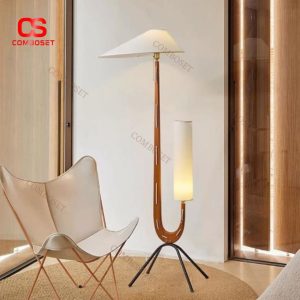 Đèn Sàn Gỗ 2 Chao Vải Hình Nón Hình Trụ Phong Cách Tối Giản Wabi Sabi Thiền Phòng Trà