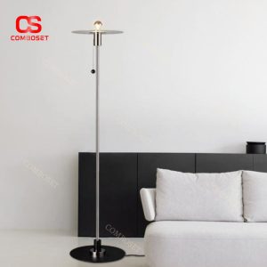 Đèn Sàn Kim Loại Mạ Chrome Hiện Đại, Chao Kính Hình Đĩa Tròn Thiết Kế Mảnh Mai, Cá Tính