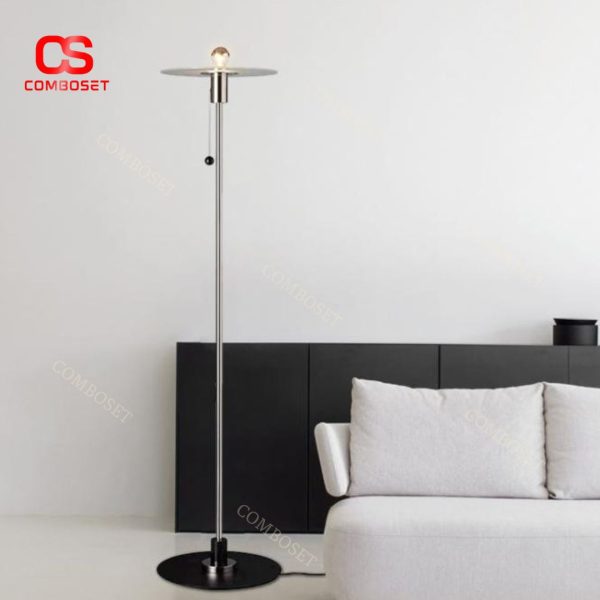 Đèn Sàn Kim Loại Mạ Chrome Hiện Đại, Chao Kính Hình Đĩa Tròn Thiết Kế Mảnh Mai, Cá Tính