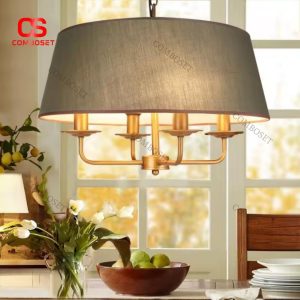 Đèn Thả Trần Vintage Chụp Vải Khung Kim Loại 3 Chế Độ Sáng Decor Nội Thất Cổ Điển
