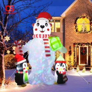 Gấu Bắc Cực Bơm Hơi Phát Sáng Kèm 2 Chim Cánh Cụt Trang Trí Sân Vườn Noel