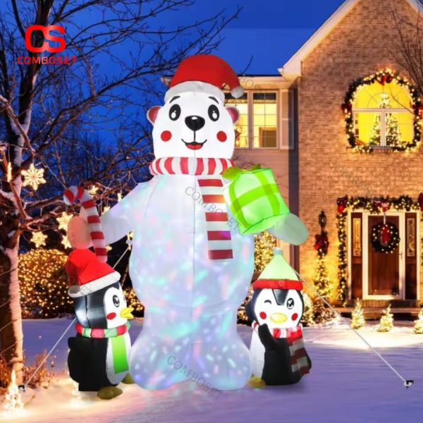 Gấu Bắc Cực Bơm Hơi Phát Sáng Kèm 2 Chim Cánh Cụt Trang Trí Sân Vườn Noel