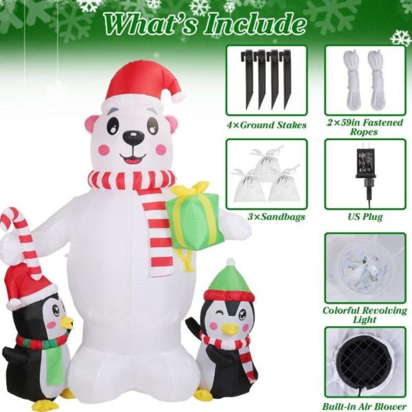 Gấu Bắc Cực Bơm Hơi Phát Sáng Kèm 2 Chim Cánh Cụt Trang Trí Sân Vườn Noel