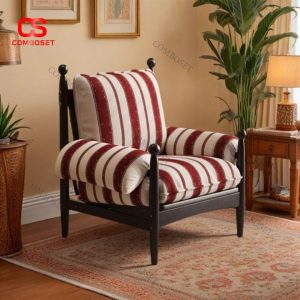Ghế Lười Vải Cotton Sọc Đỏ Cổ Điển Phong Cách Pháp, Tay Vịn Êm Ái Decor Phòng Khách, Cafe Giáng Sinh, Phòng Ngủ