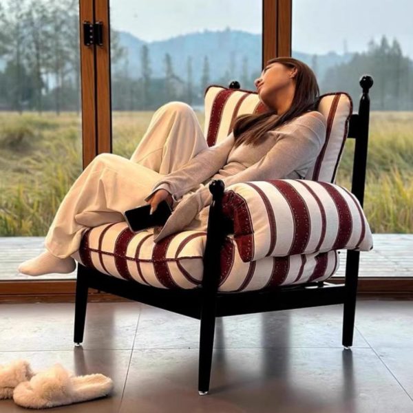 Ghế Lười Vải Cotton Sọc Đỏ Cổ Điển Phong Cách Pháp, Tay Vịn Êm Ái Decor Phòng Khách, Cafe Giáng Sinh, Phòng Ngủ