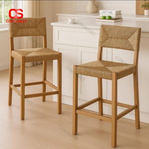 Ghế Quầy Bar Gỗ Tự Nhiên Đan Dây Thủ Công Phong Cách Scandinavian
