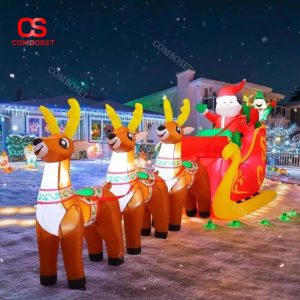 Xe Trượt Tuyết Bơm Hơi Hình Ông Già Noel, Tuần Lộc Kèm Đèn LED Chống Thấm Nước Decor Sân Nhà