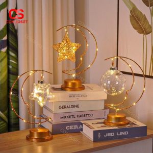 Đèn Bàn Hình Mặt Trăng Kim Loại Trang Trí Trung Thu, Lễ Hội Ánh Sáng Vàng Ấm