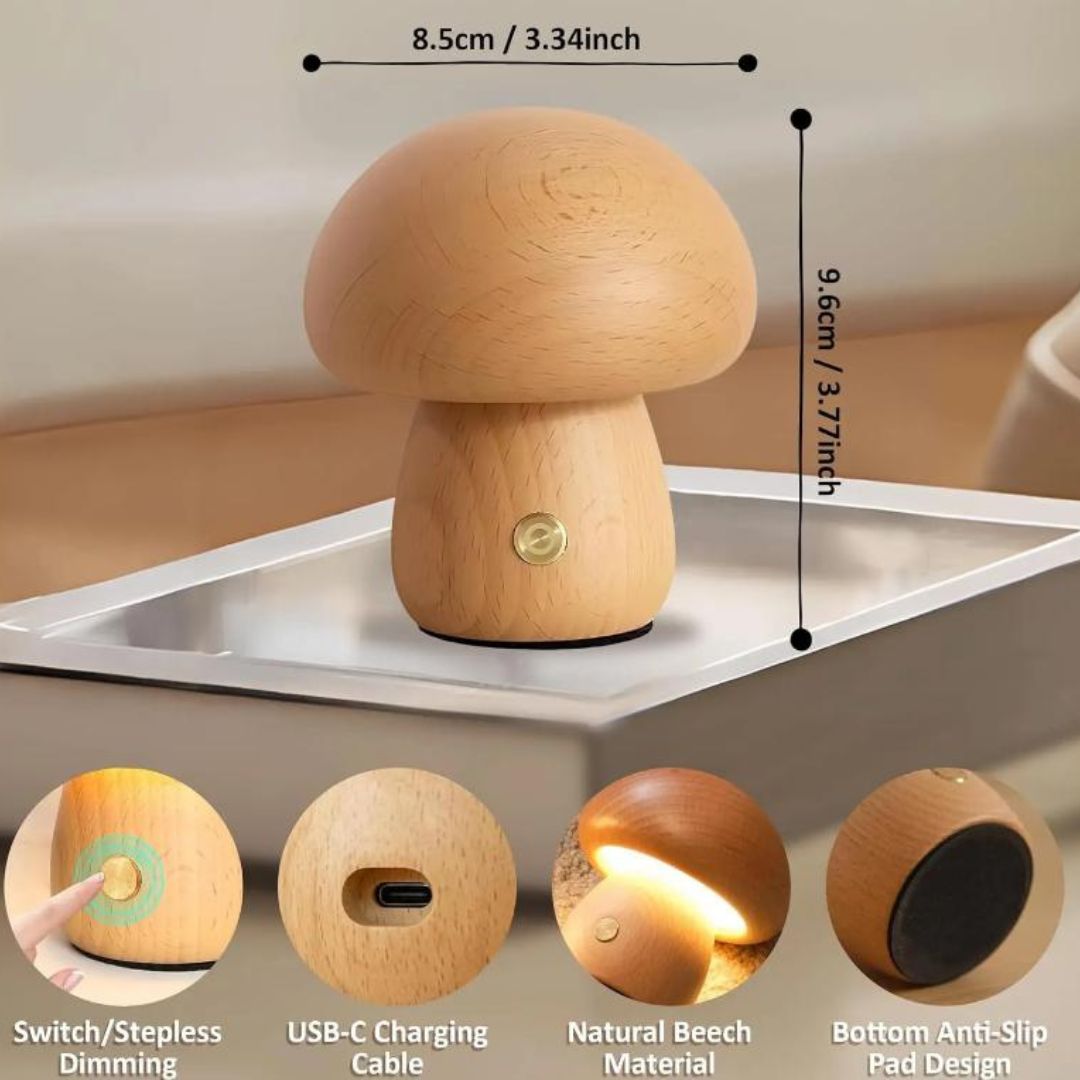 Đèn Cây Nấm Gỗ Cao Cấp, Thiết Kế Tối Giản, Ánh Sáng Vàng Dịu Mắt, Sạc Type C
