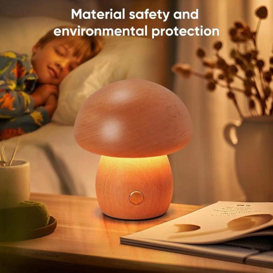 Đèn Cây Nấm Gỗ Cao Cấp, Thiết Kế Tối Giản, Ánh Sáng Vàng Dịu Mắt, Sạc Type C