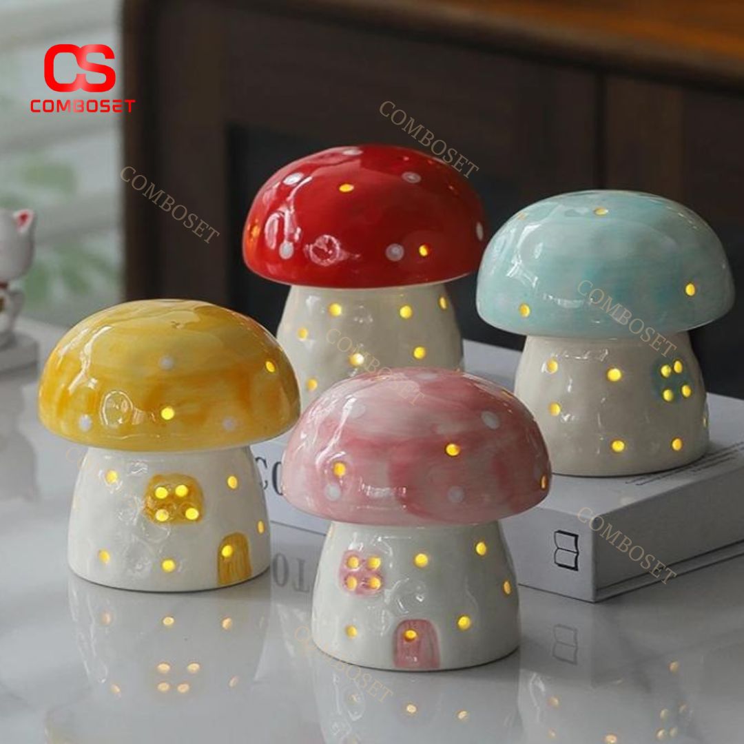 Đèn Gốm Hình Cây Nấm Mini, Ánh Sáng Dịu Mắt, Trang Trí Không Gian Ấm Cúng