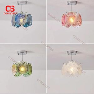 Đèn Ốp Trần Thủy Tinh Màu Sắc Hình Lá Tròn Cho Phòng Khách & Quán Cafe