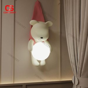 Đèn Tường Hình Gấu Hoạt Hình Ôm Trái Bóng Phát Sáng Decor Phòng Ngủ Cho Bé