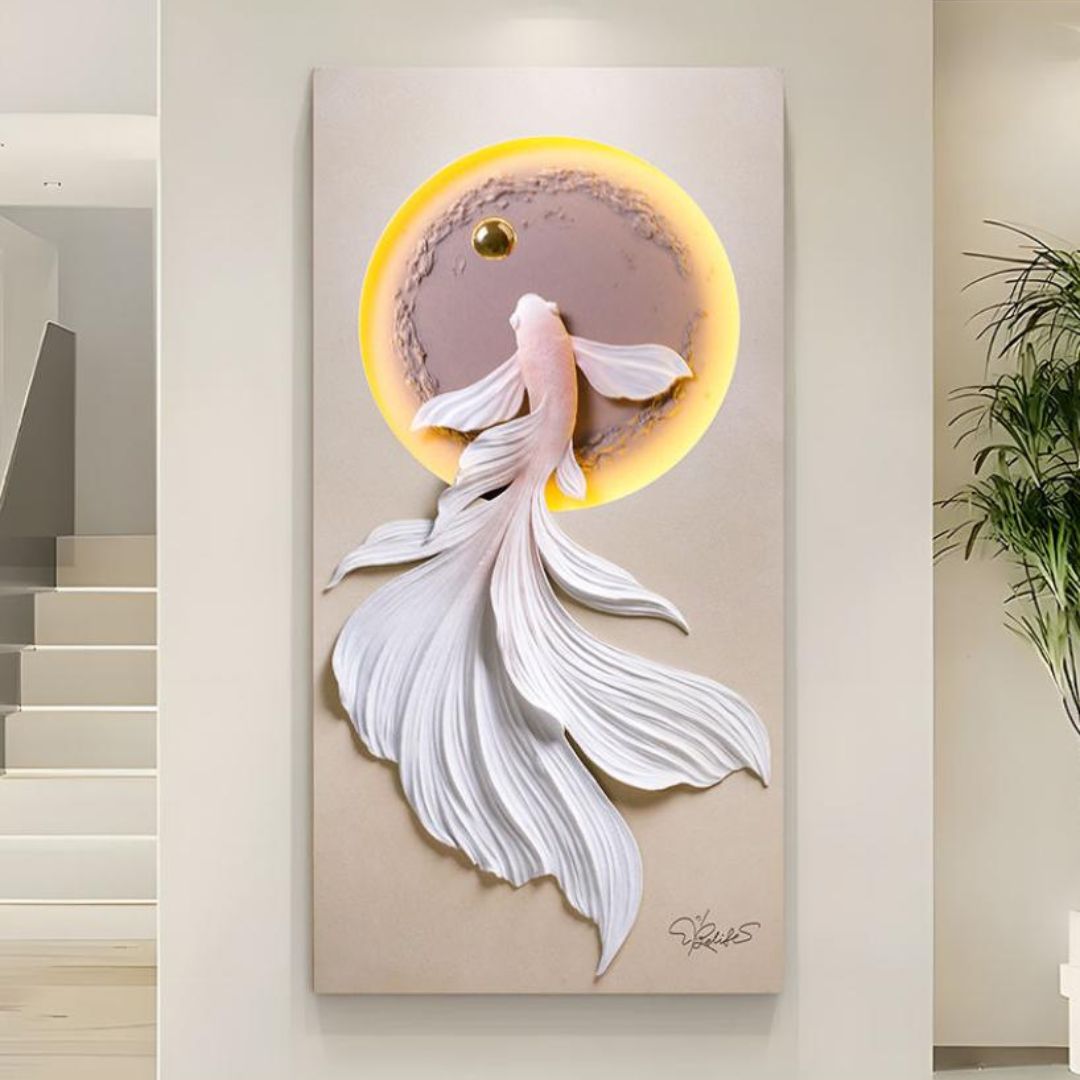Đèn Tường Tranh Cá Vàng 3D Phát Sáng Decor Phòng Khách Sang Trọng, Lối Đi, Văn Phòng