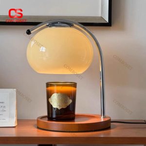 Đèn Xông Tinh Dầu Nến Retro Chao Thủy Tinh Đế Gỗ Decor Phòng Ngủ Hiện Đại