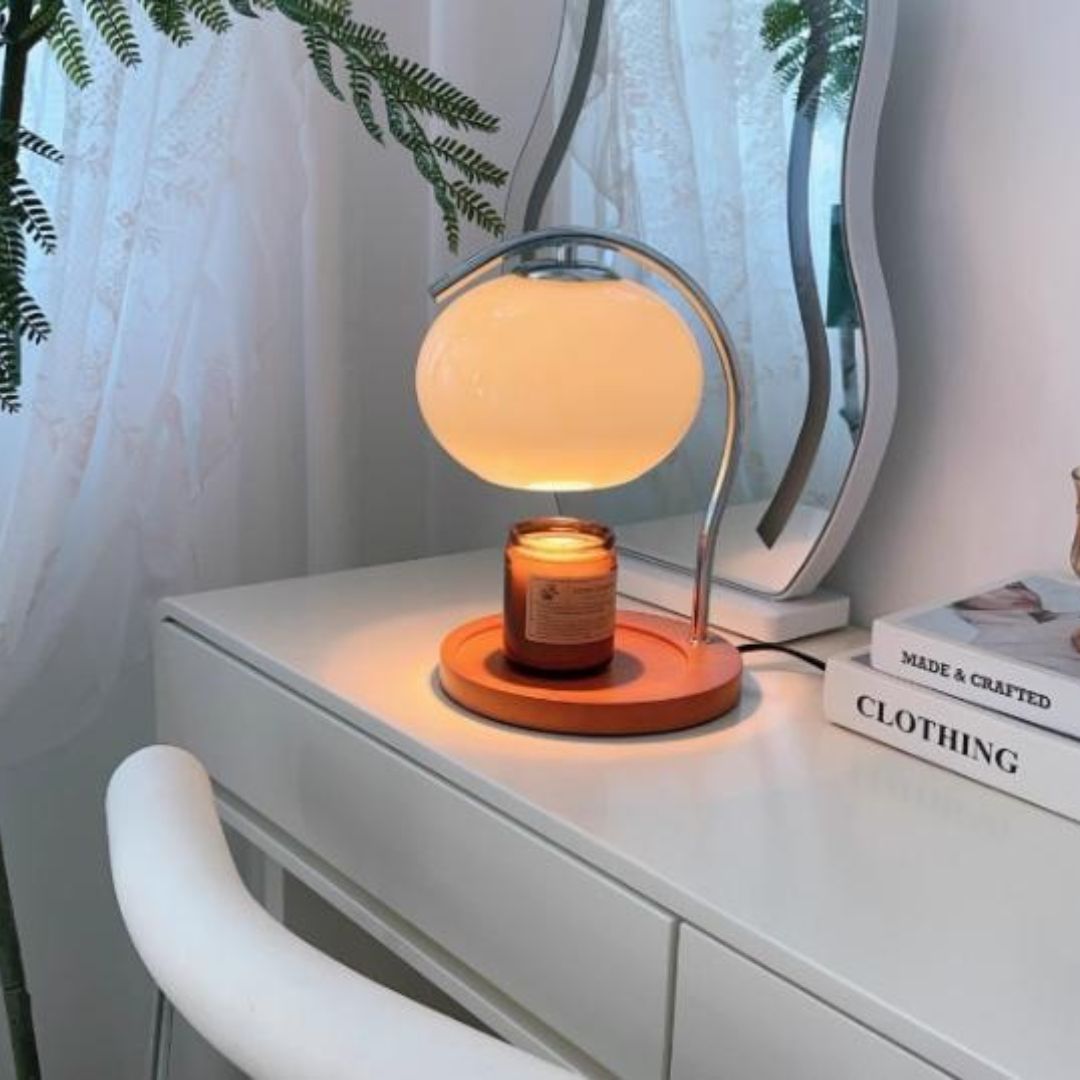 Đèn Xông Tinh Dầu Nến Retro Chao Thủy Tinh Đế Gỗ Decor Phòng Ngủ Hiện Đại