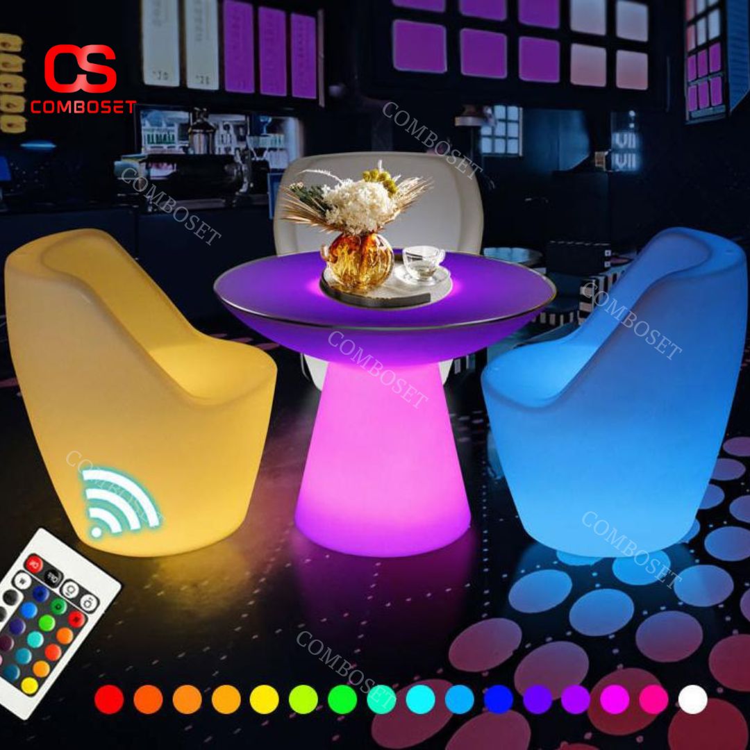 Bàn Ghế LED Tựa Lưng Chống Nước Thiết Kế Hiện Đại, Ánh Sáng Nhiều Màu Rực Rỡ