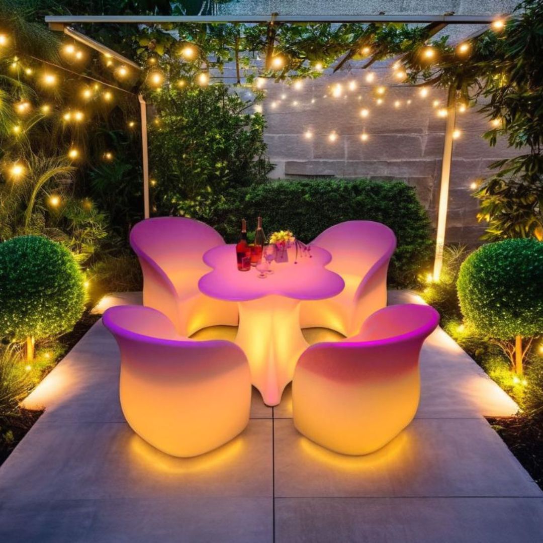 Bộ Bàn Ghế LED Hình Bông Hoa Nhựa Chống Nắng Mưa Trang Trí Sân Vườn Hiện Đại