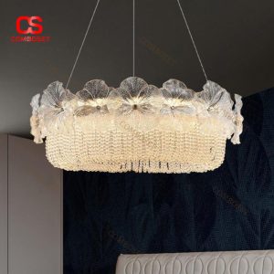 Đèn Chùm Cao Cấp Viền Lá Thủy Tinh 3 Chế Độ Sáng Hiện Đại Cho Phòng Khách, Khách Sạn