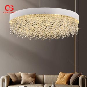Đèn Chùm Chuỗi Pha Lê Cao Cấp Vòng Tròn Màu Trắng Thanh Lịch Sang Trọng Cho Khách Sạn