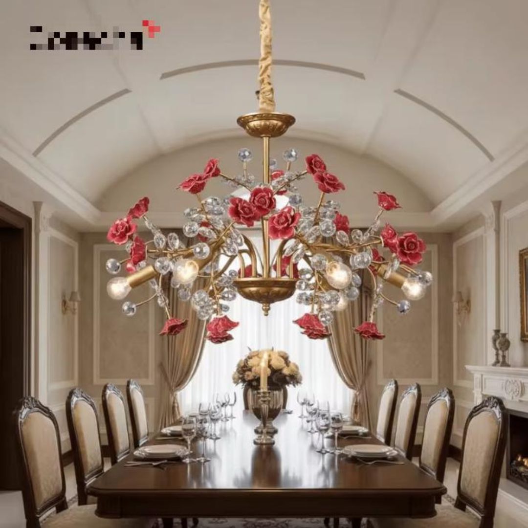 Đèn Chùm Hoa Hồng Đỏ Nghệ Thuật 3 Chế Độ Sáng Sang Trọng Cho Phong Cách Quý Tộc
