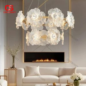 Đèn Chùm Hoa Thủy Tinh Nghệ Thuật 3 Chế Độ Sáng Trang Trí Phòng Khách Sang Trọng