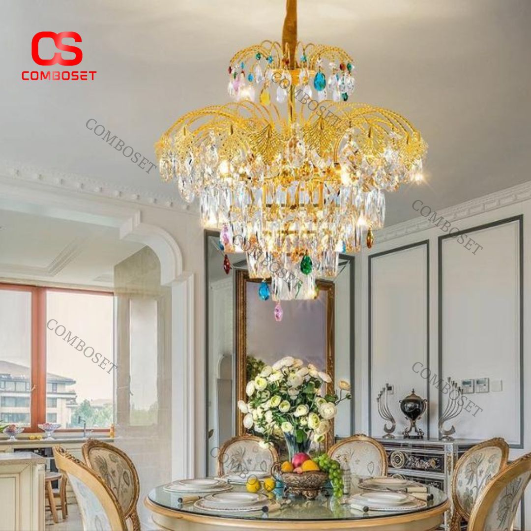 Đèn Chùm Pha Lê Mạ Vàng 3 Chế Độ Sáng Mang Phong Cách Hoàng Gia