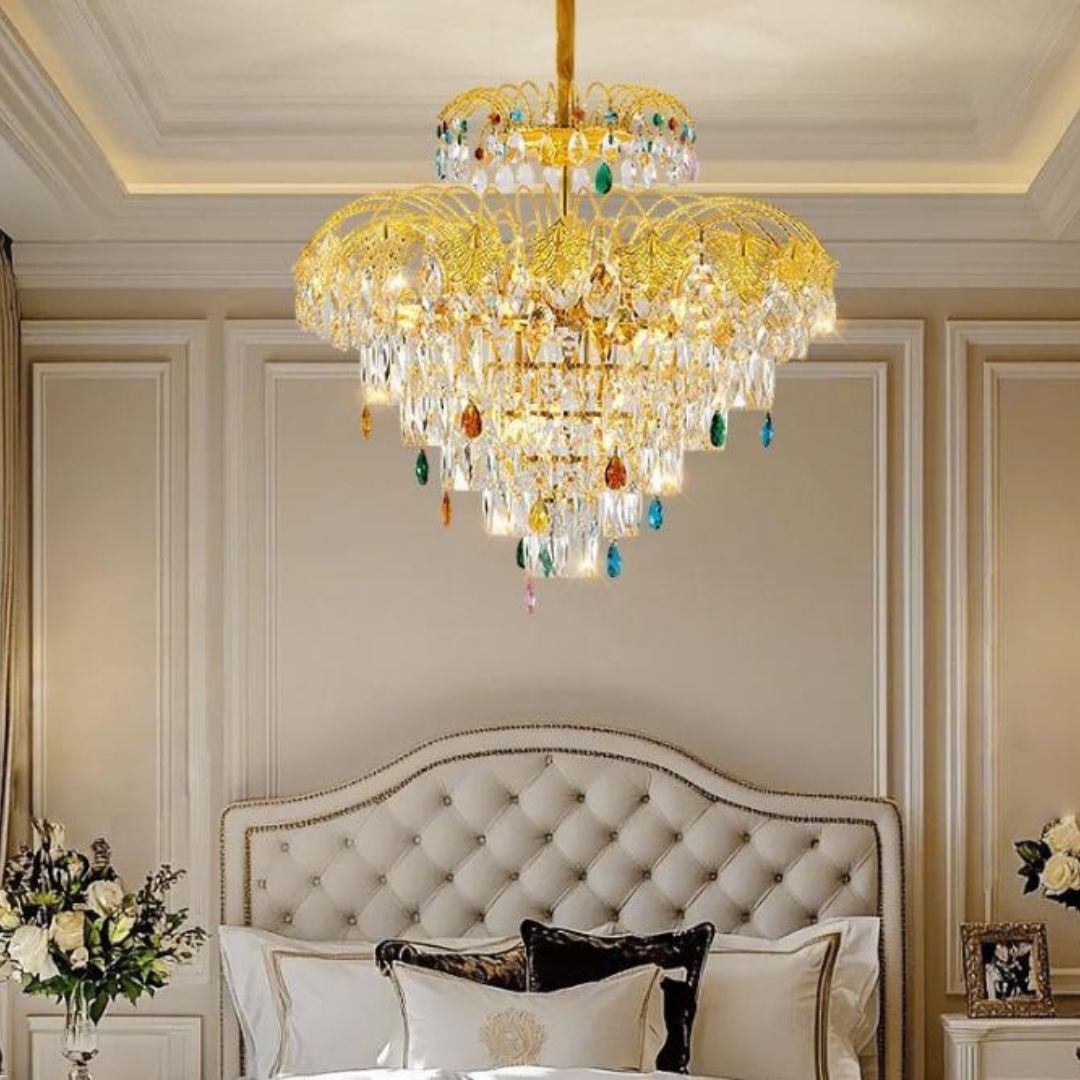 Đèn Chùm Pha Lê Mạ Vàng 3 Chế Độ Sáng Mang Phong Cách Hoàng Gia