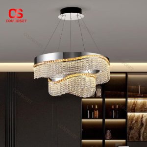 Đèn Chùm Pha Lê Sóng Đôi Nghệ Thuật Sang Trọng Cho Phòng Khách Cao Cấp