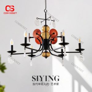 Đèn Chùm Retro Kim Loại Phối Thủy Tinh Màu Hổ Phách Nét Cổ Điển Sang Trọng Cho Mọi Không Gian