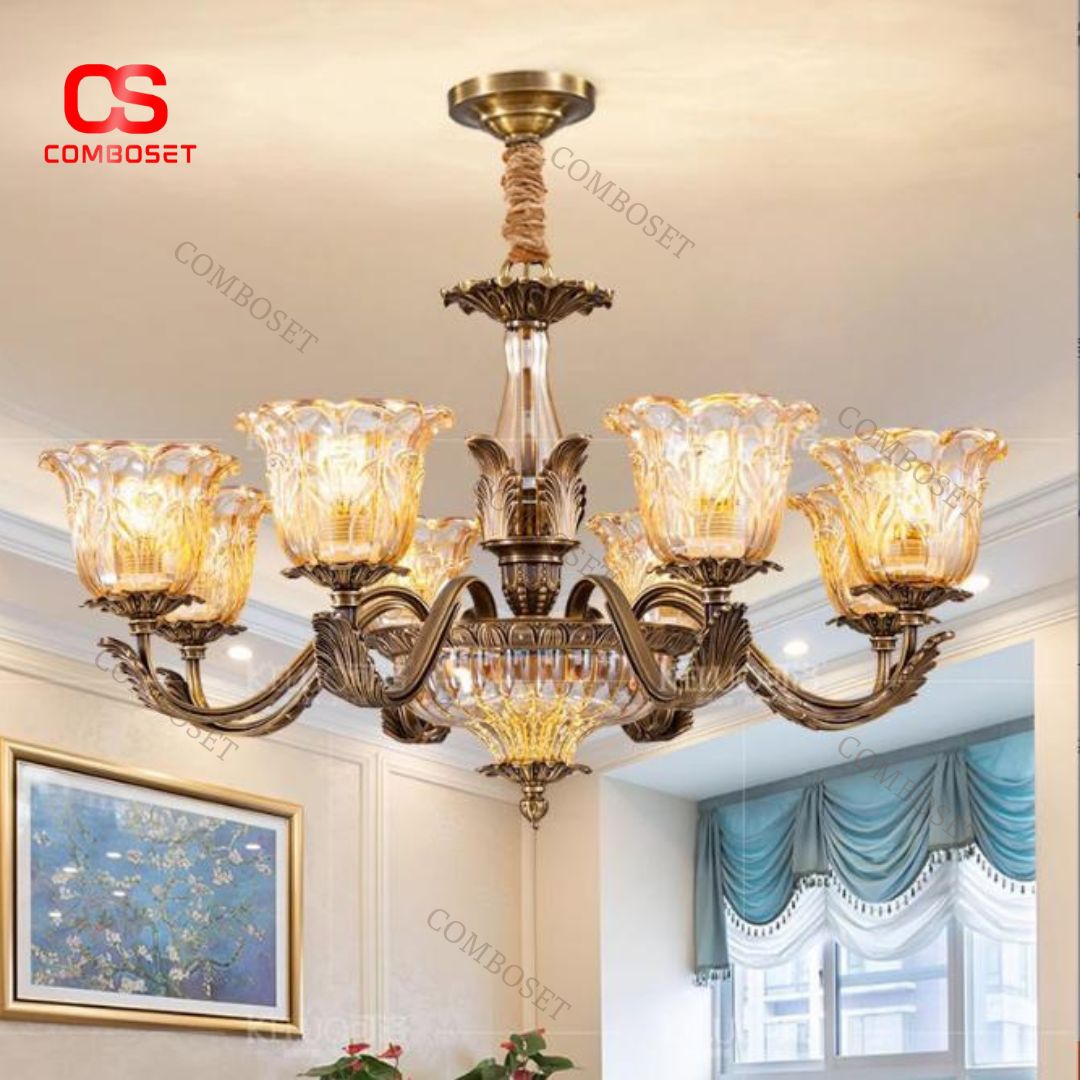 Đèn Chùm Tân Cổ Điển Chao Thủy Tinh Trang Trí Biệt Thự, Nhà Hàng, Khách Sạn Cao Cấp