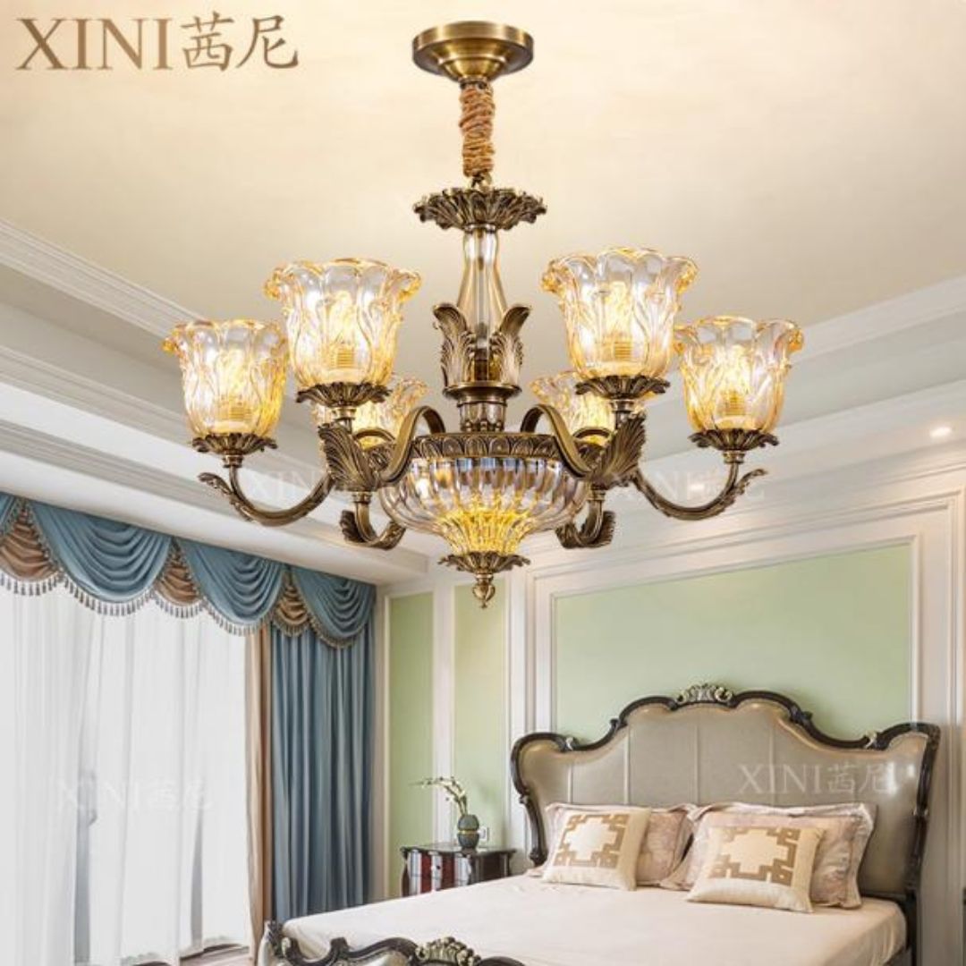 Đèn Chùm Tân Cổ Điển Chao Thủy Tinh Trang Trí Biệt Thự, Nhà Hàng, Khách Sạn Cao Cấp