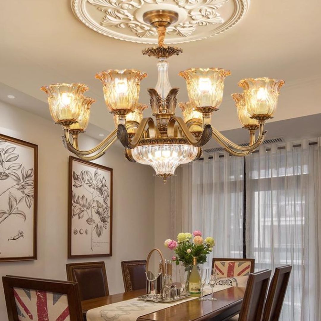 Đèn Chùm Tân Cổ Điển Chao Thủy Tinh Trang Trí Biệt Thự, Nhà Hàng, Khách Sạn Cao Cấp