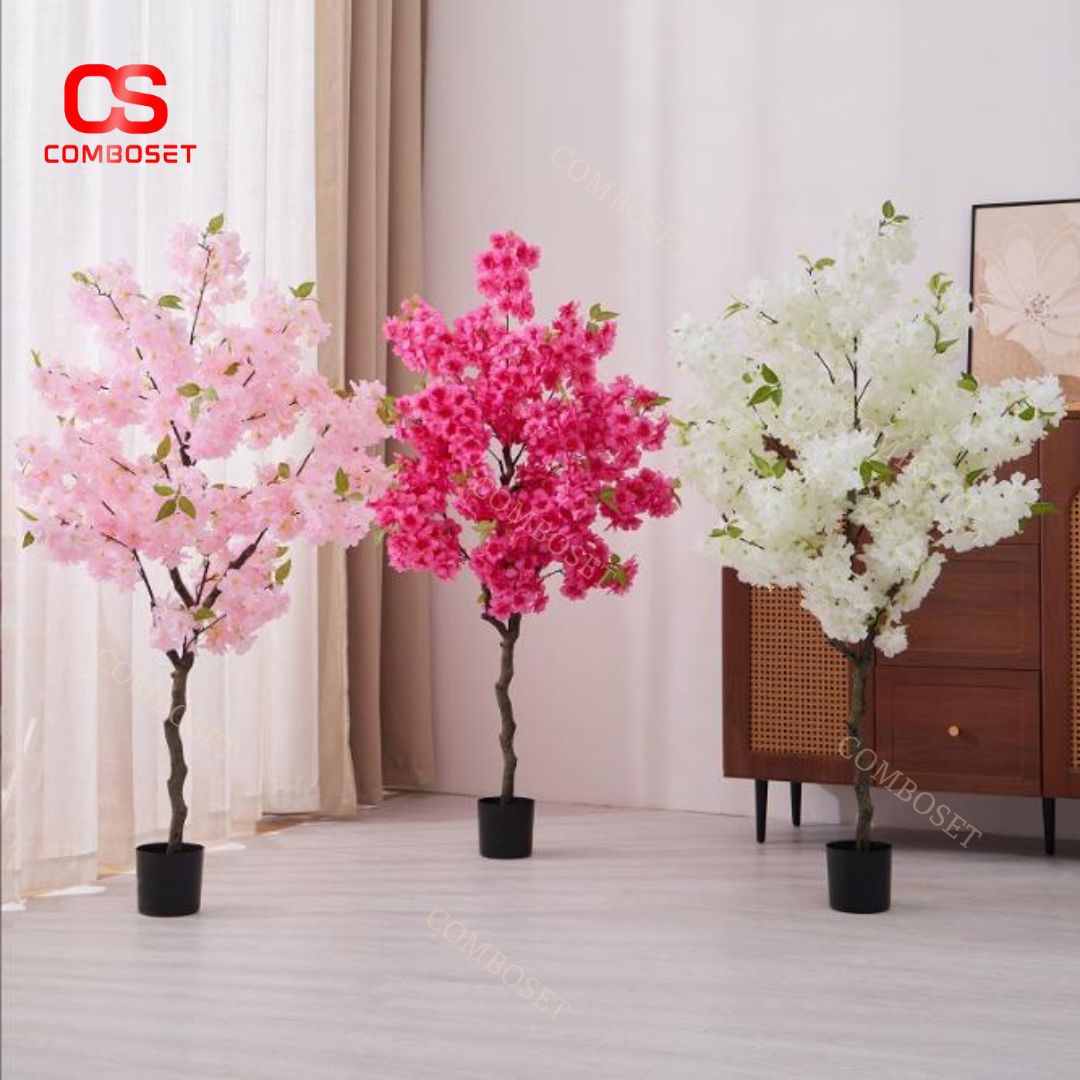 Cây Hoa Anh Đào Giả Chậu Đen, Bông Dày Tơi Mịn Cho Không Gian Lãng Mạn