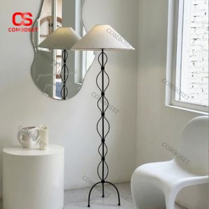 Đèn Sàn Kim Loại Uốn Lượn Nghệ Thuật Chụp Vải Trang Nhã